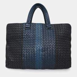 Pre Owned Bottega Veneta Black/Blue Intrecciato Leather Briefcase with Strap