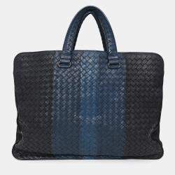 Pre Owned Bottega Veneta Black/Blue Intrecciato Leather Briefcase with Strap
