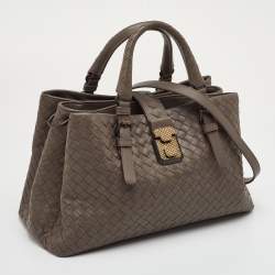 Pre Owned حقيبة بوتيغا فينيتا روما صغيرة جلد إنتريشاتو رمادي تاوپ