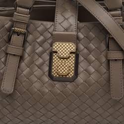 Pre Owned حقيبة بوتيغا فينيتا روما صغيرة جلد إنتريشاتو رمادي تاوپ