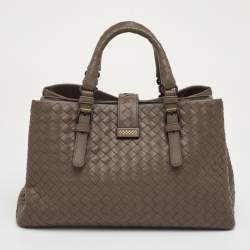 Pre Owned حقيبة بوتيغا فينيتا روما صغيرة جلد إنتريشاتو رمادي تاوپ