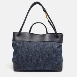 Pre Owned Bottega Veneta Andiamo Large Navy Blue Denim and Leather Tote