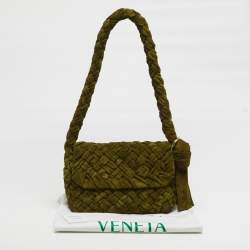 Pre Owned Bottega Veneta Kalimero Città Medium Olive Green Intreccio Suede Shoulder Bag