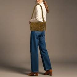 Pre Owned Bottega Veneta Kalimero Città Medium Olive Green Intreccio Suede Shoulder Bag