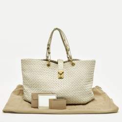 Pre Owned حقيبة يد بوتيغا فينيتا كابري كبيرة جلد أنترشياتو أبيض فاتح