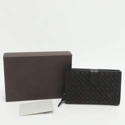 Pre Owned Bottega Veneta Dark Brown Intrecciato Leather Bifold Wallet