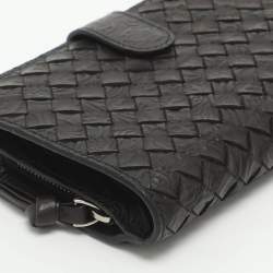 Pre Owned Bottega Veneta Dark Brown Intrecciato Leather Bifold Wallet