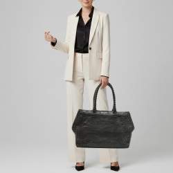 Pre Owned Bottega Veneta Double Zip Detail Black Intrecciato Leather Tote