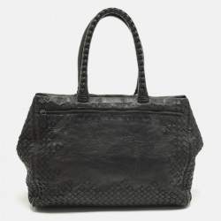 Pre Owned Bottega Veneta Double Zip Detail Black Intrecciato Leather Tote