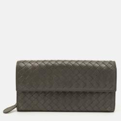 Pre Owned Bottega Veneta Grey Intrecciato Leather Flap Continental Wallet
