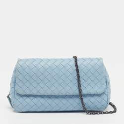 Pre Owned Bottega Veneta Light Blue Intrecciato Leather Chain Crossbody Bag