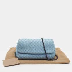 Pre Owned Bottega Veneta Light Blue Intrecciato Leather Chain Crossbody Bag