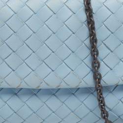 Pre Owned Bottega Veneta Light Blue Intrecciato Leather Chain Crossbody Bag