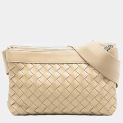 Pre Owned Bottega Veneta Brown Nappa Intrecciato Double Zip Crossbody