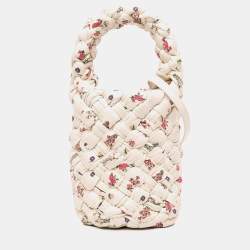 Pre Owned Bottega Veneta White Small Floral Printed Leather Intrecciato Kalimero Bucket Bag