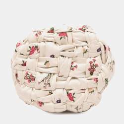 Pre Owned Bottega Veneta White Small Floral Printed Leather Intrecciato Kalimero Bucket Bag