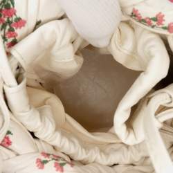 Pre Owned Bottega Veneta White Small Floral Printed Leather Intrecciato Kalimero Bucket Bag