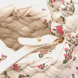 Pre Owned Bottega Veneta White Small Floral Printed Leather Intrecciato Kalimero Bucket Bag