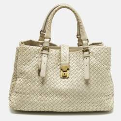 Pre Owned Bottega Veneta Roma Large Off White Intrecciato Leather Tote