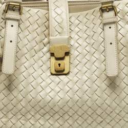 Pre Owned Bottega Veneta Roma Large Off White Intrecciato Leather Tote