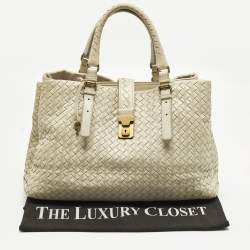 Pre Owned Bottega Veneta Roma Large Off White Intrecciato Leather Tote