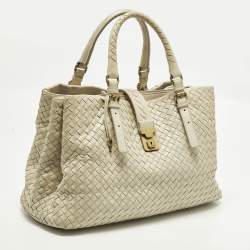 Pre Owned Bottega Veneta Roma Large Off White Intrecciato Leather Tote