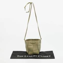 Pre Owned Bottega Veneta Cassette Mini Sage Green Intreccio Leather Bucket Bag