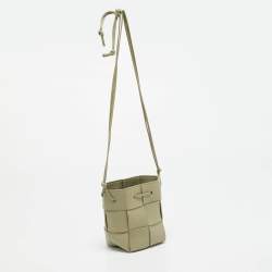 Pre Owned Bottega Veneta Cassette Mini Sage Green Intreccio Leather Bucket Bag
