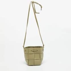 Pre Owned Bottega Veneta Cassette Mini Sage Green Intreccio Leather Bucket Bag