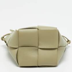 Pre Owned Bottega Veneta Cassette Mini Sage Green Intreccio Leather Bucket Bag