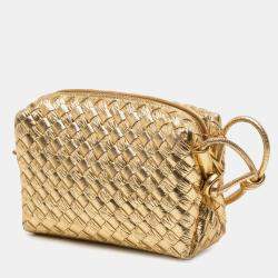 Pre Owned Bottega Veneta Gold Mini Metallic Lambskin Intrecciato Loop Camera Bag