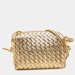 Pre Owned Bottega Veneta Gold Mini Metallic Lambskin Intrecciato Loop Camera Bag