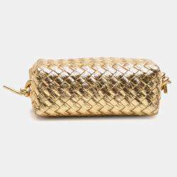 Pre Owned Bottega Veneta Gold Mini Metallic Lambskin Intrecciato Loop Camera Bag