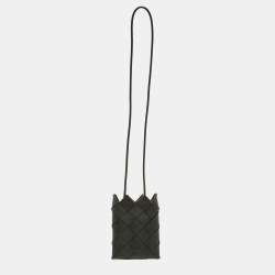 Pre Owned Bottega Veneta Phone Holder Black Intrecciato Leather Crossbody Bag
