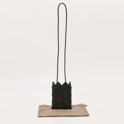 Pre Owned Bottega Veneta Phone Holder Black Intrecciato Leather Crossbody Bag