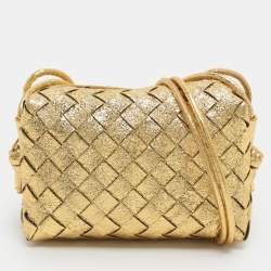 Pre Owned Bottega Veneta Loop Mini Gold Intrecciato Leather Camera Bag