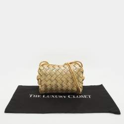 Pre Owned Bottega Veneta Loop Mini Gold Intrecciato Leather Camera Bag