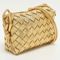 Pre Owned Bottega Veneta Loop Mini Gold Intrecciato Leather Camera Bag