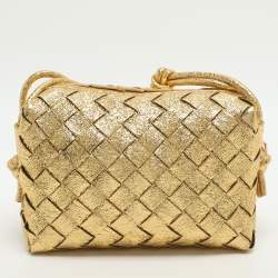 Pre Owned Bottega Veneta Loop Mini Gold Intrecciato Leather Camera Bag