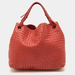 Pre Owned Bottega Veneta Garda Medium Red Intrecciato Leather Tote