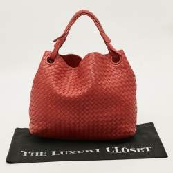 Pre Owned Bottega Veneta Garda Medium Red Intrecciato Leather Tote