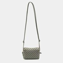 Pre Owned Bottega Veneta Loop Camera Mini Grey Intrecciato Leather Crossbody Bag