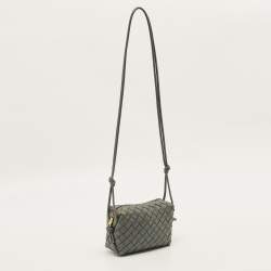 Pre Owned Bottega Veneta Loop Camera Mini Grey Intrecciato Leather Crossbody Bag
