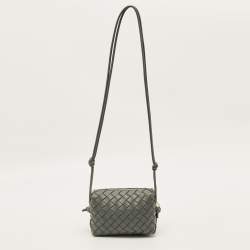 Pre Owned Bottega Veneta Loop Camera Mini Grey Intrecciato Leather Crossbody Bag