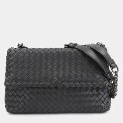 Pre Owned Bottega Veneta Intrecciato Olympia Small Chain Shoulder Bag In Black Leather