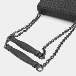 Pre Owned Bottega Veneta Intrecciato Olympia Small Chain Shoulder Bag In Black Leather