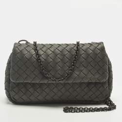 Pre Owned Bottega Veneta Dark Grey Intrecciato Leather Chain Crossbody Bag