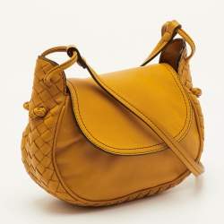 Pre Owned Bottega Veneta Nodini Mustard Yellow Intrecciato Leather Flap Crossbody Bag