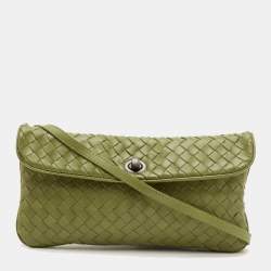 Pre Owned Bottega Veneta Green Intrecciato Leather Lock Flap Crossbody Bag