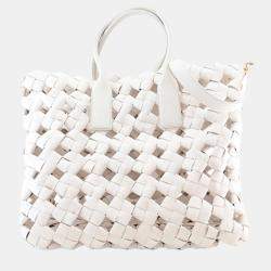 Pre Owned Bottega Veneta Beige Canvas Window Woven Satchel